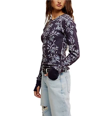 Free People We The Free Pretty Little Thermal Floral Printed Crew Neck Long Sleeve Fitted Top