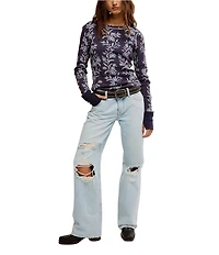 Free People We The Free Pretty Little Thermal Floral Printed Crew Neck Long Sleeve Fitted Top