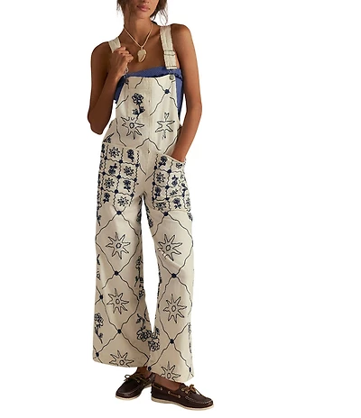Free People We The Free Rising Sun Embroidered Square Neck Sleeveless Denim Overall