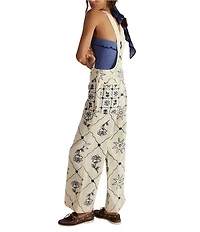 Free People We The Free Rising Sun Embroidered Square Neck Sleeveless Denim Overall