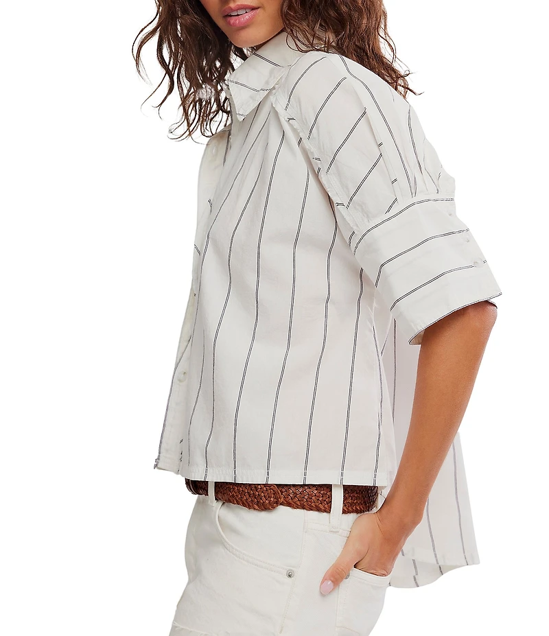 Free People We The Free Seaside Cotton Stripe Collared Neck Short Sleeve Button Front Shirt