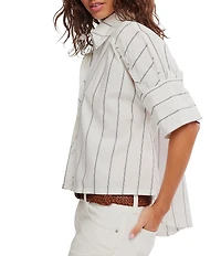 Free People We The Free Seaside Cotton Stripe Collared Neck Short Sleeve Button Front Shirt