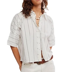 Free People We The Free Seaside Cotton Stripe Collared Neck Short Sleeve Button Front Shirt