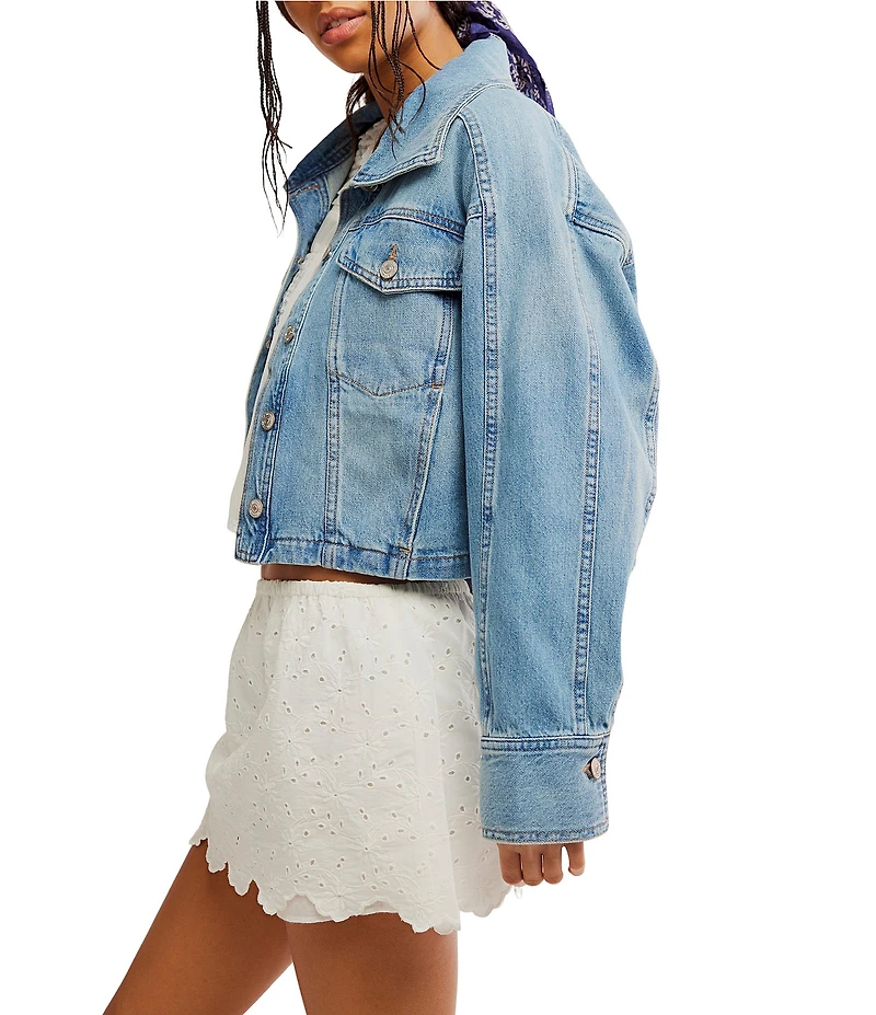 Free People We The Free Side To Side Collared Long Sleeve Button-Front Denim Jacket