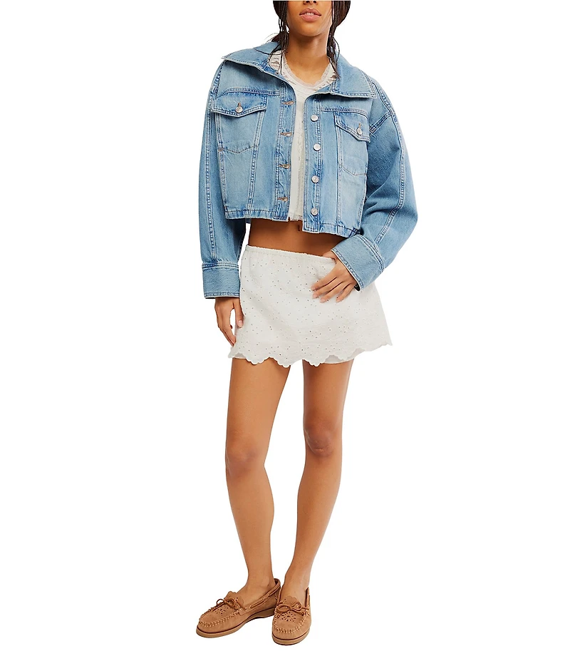 Free People We The Free Side To Side Collared Long Sleeve Button-Front Denim Jacket