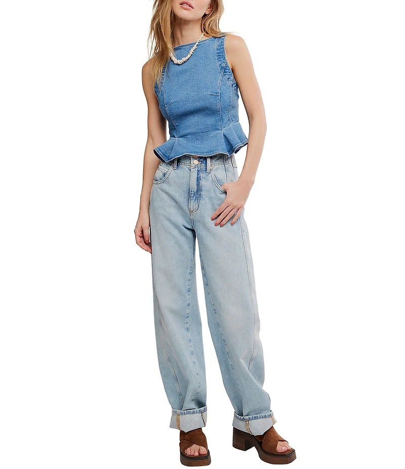 Free People We The Free Sunfaded Boat Neck Sleeveless Peplum Denim Top