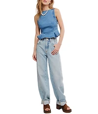 Free People We The Free Sunfaded Boat Neck Sleeveless Peplum Denim Top