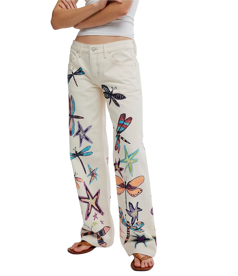 Free People We The Free Tennessee Dragonfly Printed Low-Rise Denim Boyfriend Jeans