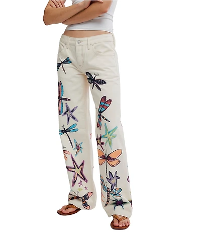 Free People We The Free Tennessee Dragonfly Printed Low-Rise Denim Boyfriend Jeans