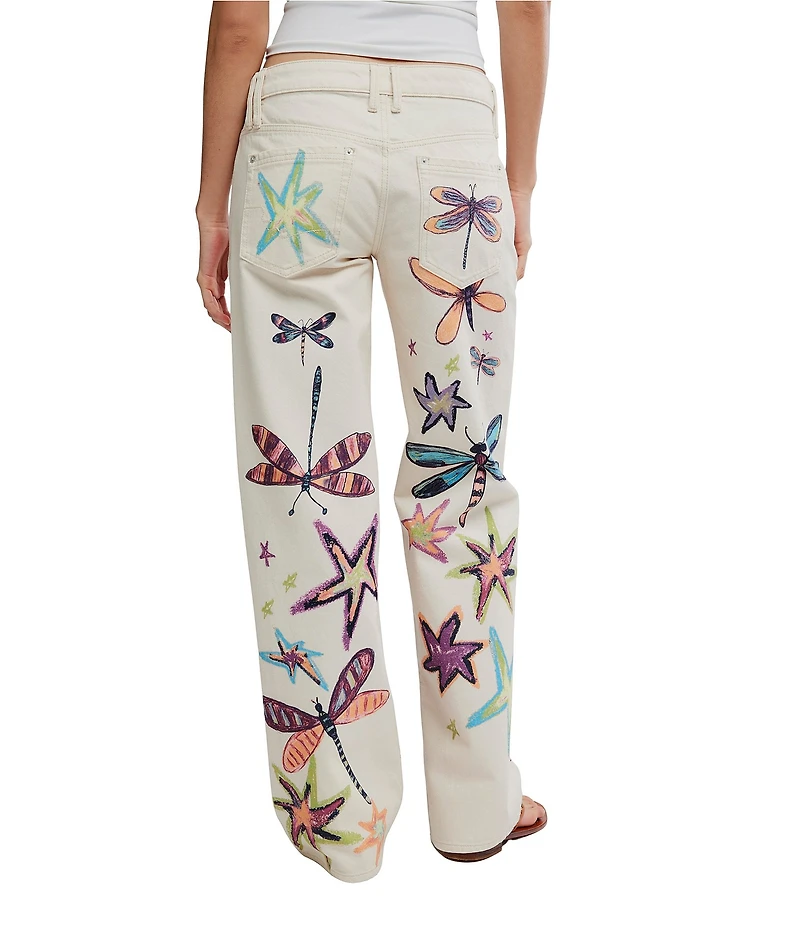 Free People We The Free Tennessee Dragonfly Printed Low-Rise Denim Boyfriend Jeans