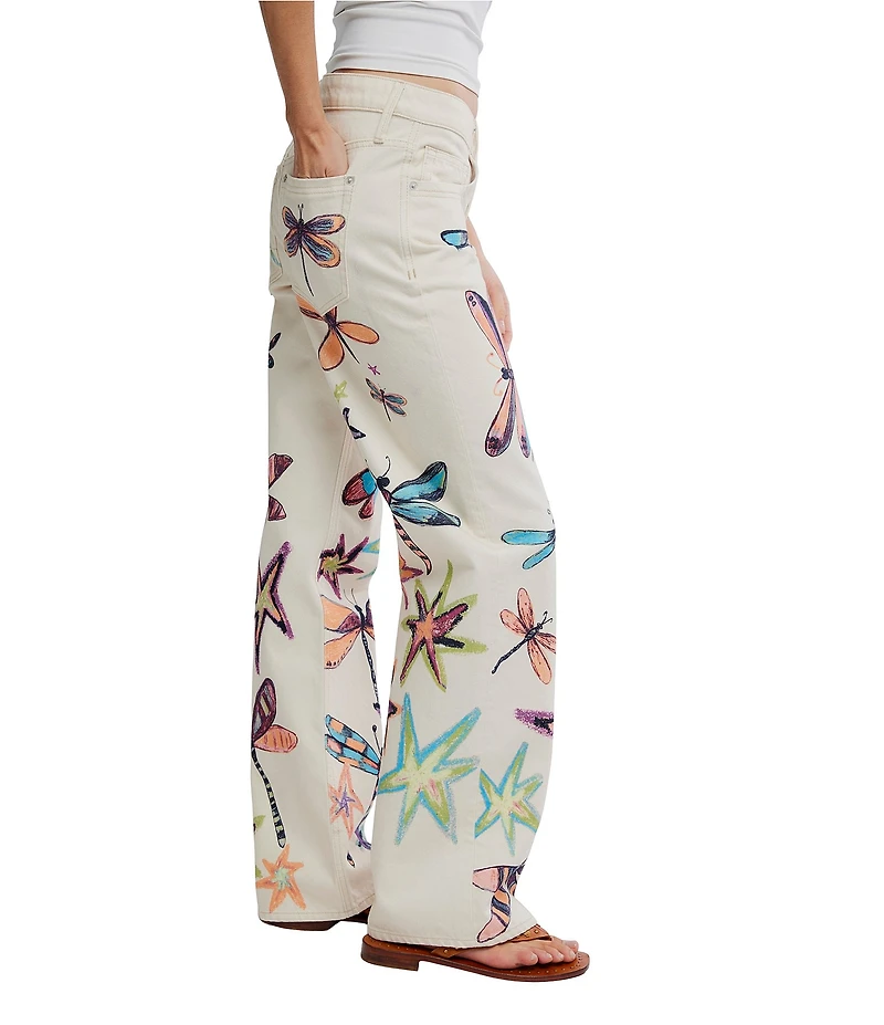 Free People We The Free Tennessee Dragonfly Printed Low-Rise Denim Boyfriend Jeans