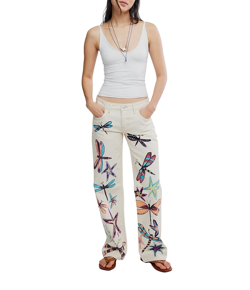 Free People We The Free Tennessee Dragonfly Printed Low-Rise Denim Boyfriend Jeans
