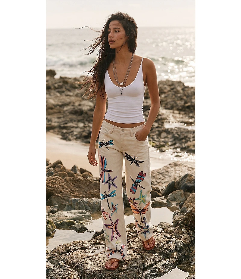 Free People We The Free Tennessee Dragonfly Printed Low-Rise Denim Boyfriend Jeans