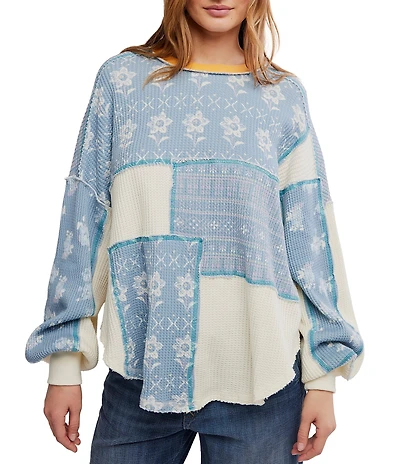 Free People We The Free Wildflower Patched Panel Crew Neck Long Sleeve Waffle Knit Thermal Top
