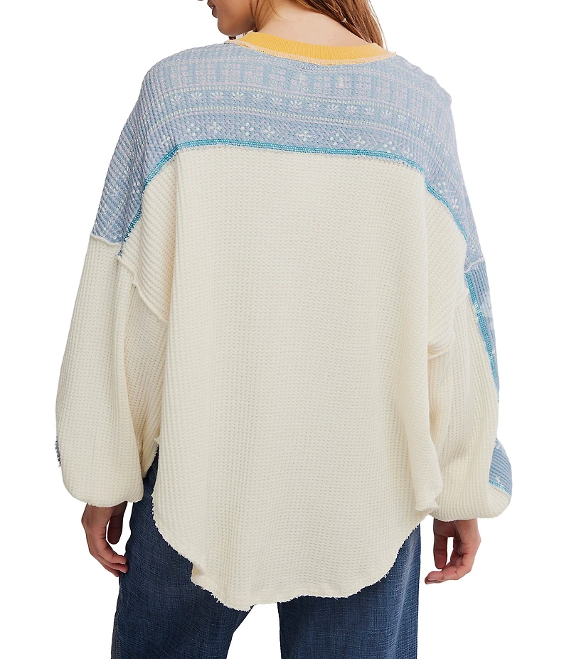 Free People We The Free Wildflower Patched Panel Crew Neck Long Sleeve Waffle Knit Thermal Top