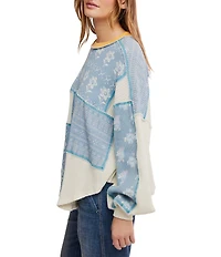 Free People We The Free Wildflower Patched Panel Crew Neck Long Sleeve Waffle Knit Thermal Top