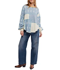 Free People We The Free Wildflower Patched Panel Crew Neck Long Sleeve Waffle Knit Thermal Top