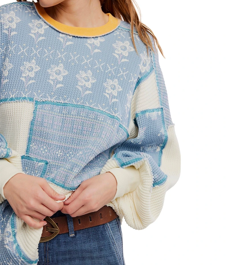 Free People We The Free Wildflower Patched Panel Crew Neck Long Sleeve Waffle Knit Thermal Top