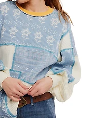 Free People We The Free Wildflower Patched Panel Crew Neck Long Sleeve Waffle Knit Thermal Top