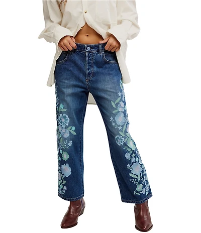 Free People We the Free Willow Floral Embroidered Mid Rise Boyfriend Jeans