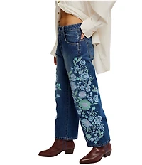 Free People We the Free Willow Floral Embroidered Mid Rise Boyfriend Jeans