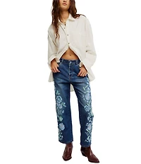 Free People We the Free Willow Floral Embroidered Mid Rise Boyfriend Jeans