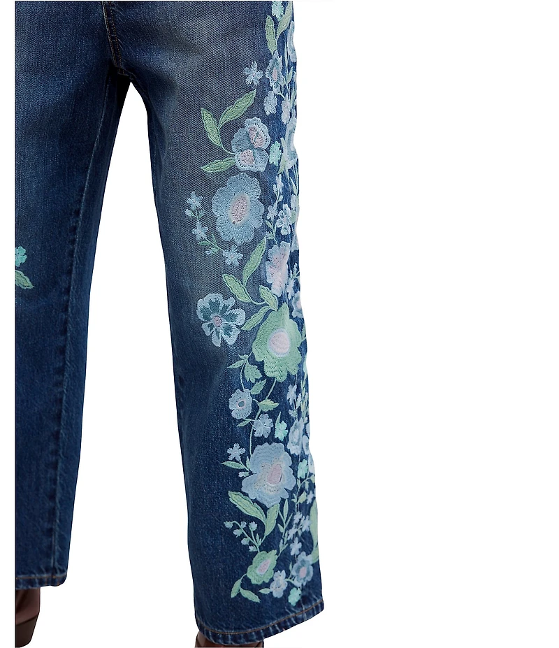 Free People We the Free Willow Floral Embroidered Mid Rise Boyfriend Jeans