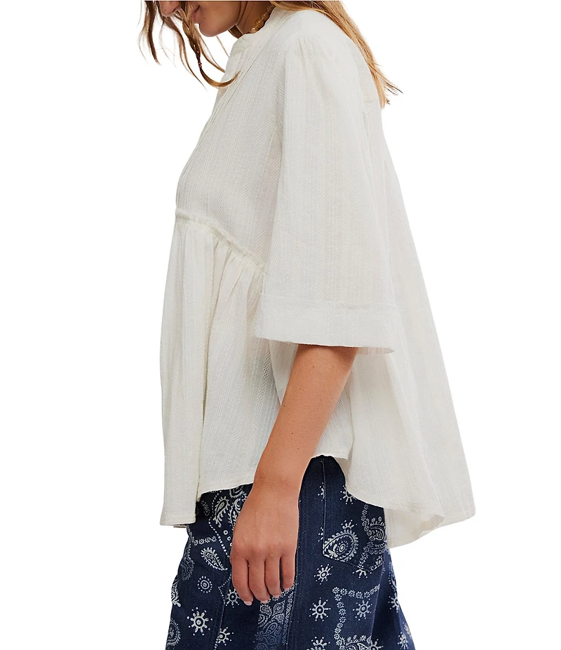 Free People We The Free Willow Textured Cotton Collarless Neckline Elbow Sleeve Button Down Top