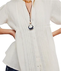 Free People We The Free Willow Textured Cotton Collarless Neckline Elbow Sleeve Button Down Top