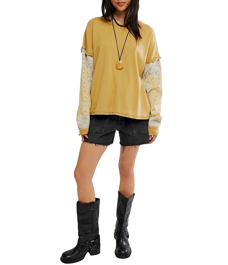 Free People Wild And Free Round Neck Long Sleeve Twofer Top