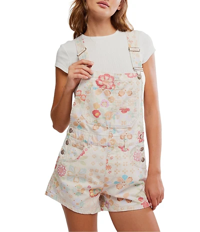 Free People Ziggy Floral Printed Shortall Square Neck Sleeveless Denim Overall