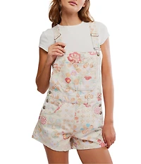Free People Ziggy Floral Printed Shortall Square Neck Sleeveless Denim Overall