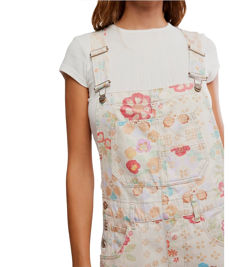 Free People Ziggy Floral Printed Shortall Square Neck Sleeveless Denim Overall