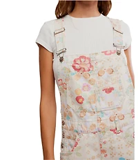 Free People Ziggy Floral Printed Shortall Square Neck Sleeveless Denim Overall