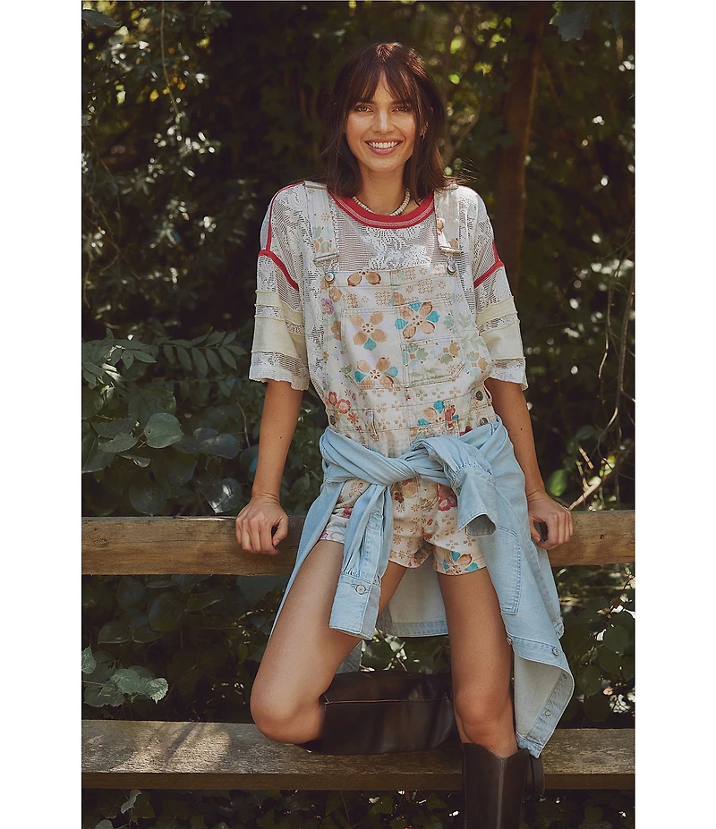Free People Ziggy Floral Printed Shortall Square Neck Sleeveless Denim Overall
