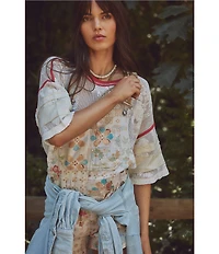 Free People Ziggy Floral Printed Shortall Square Neck Sleeveless Denim Overall