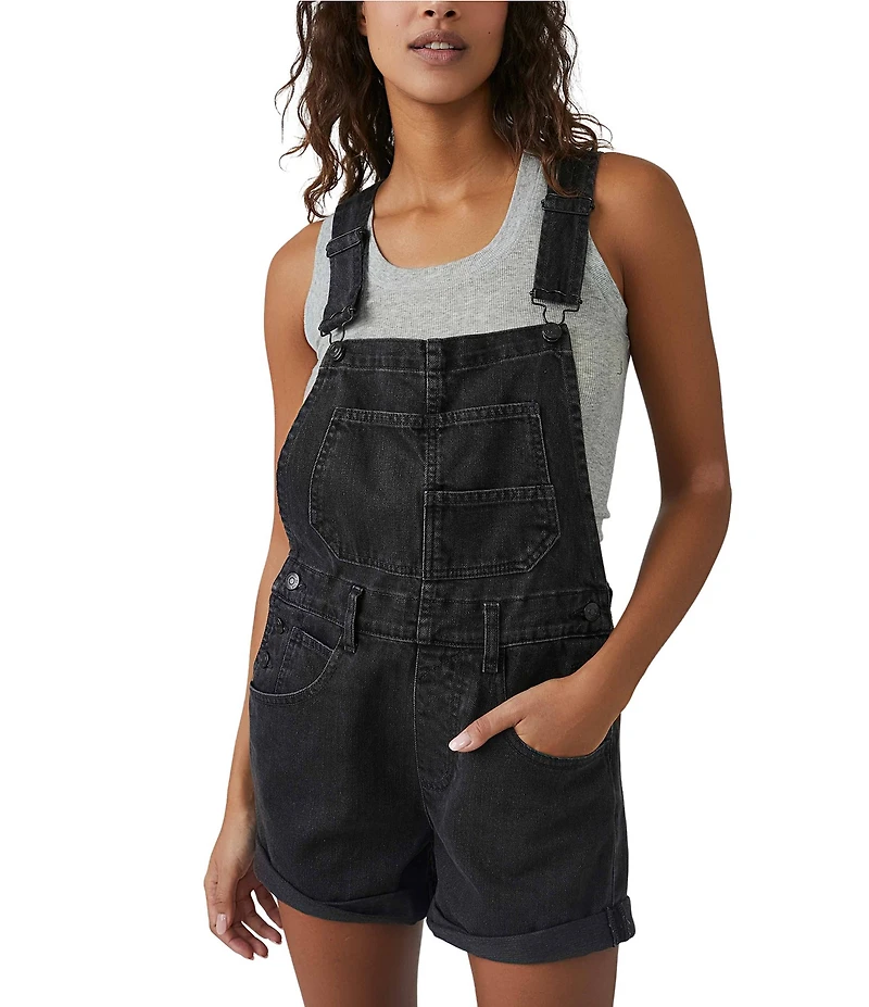 Free People Ziggy Square Neck Sleeveless Frayed Cuffed Hem Shortall Overalls
