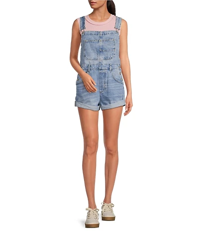 Free People Ziggy Square Neck Sleeveless Frayed Cuffed Hem Shortall Overalls