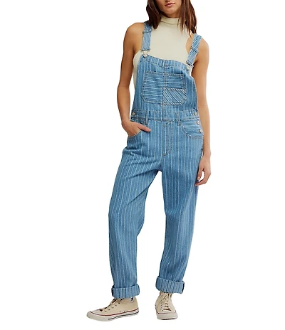 Free People Ziggy Stripe Print Square Neck Sleeveless Cuffed Denim Overalls