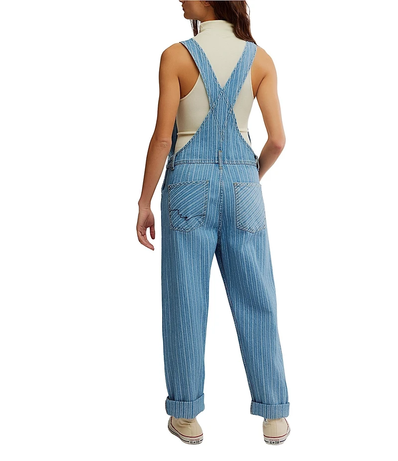 Free People Ziggy Stripe Print Square Neck Sleeveless Cuffed Denim Overalls