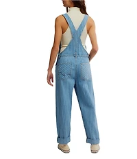 Free People Ziggy Stripe Print Square Neck Sleeveless Cuffed Denim Overalls