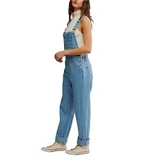 Free People Ziggy Stripe Print Square Neck Sleeveless Cuffed Denim Overalls
