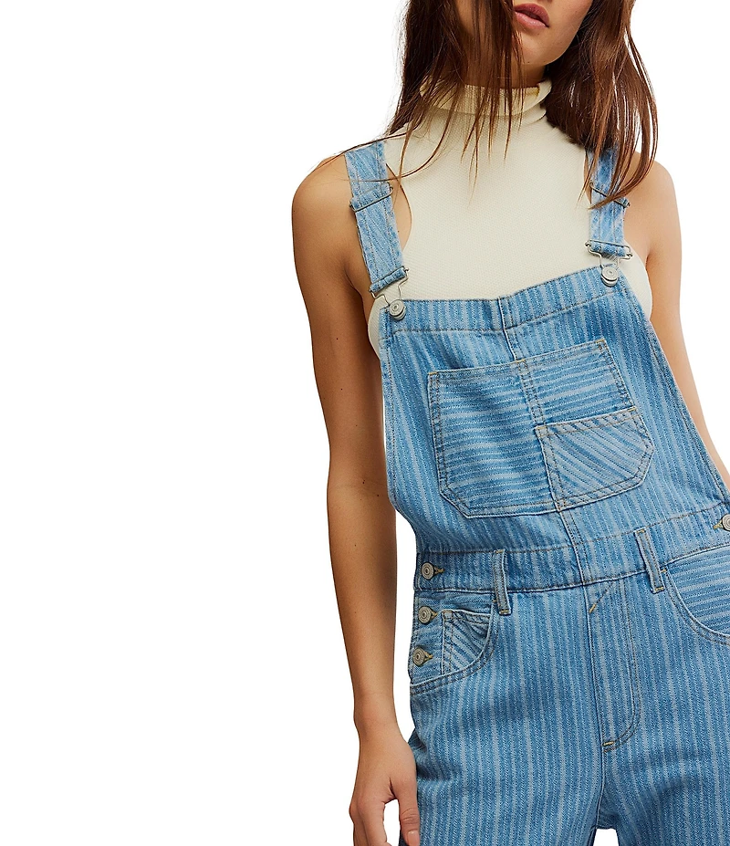 Free People Ziggy Stripe Print Square Neck Sleeveless Cuffed Denim Overalls