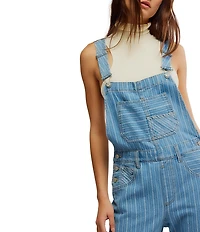 Free People Ziggy Stripe Print Square Neck Sleeveless Cuffed Denim Overalls