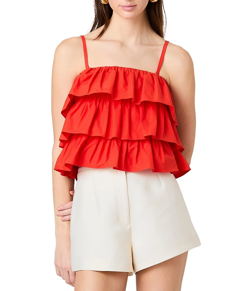 French Connection Aimee Cotton Square Neck Sleeveless Layered Ruffle Top