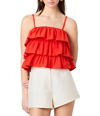 French Connection Aimee Cotton Square Neck Sleeveless Layered Ruffle Top