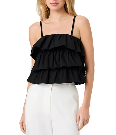 French Connection Aimee Cotton Square Neck Sleeveless Layered Ruffle Top