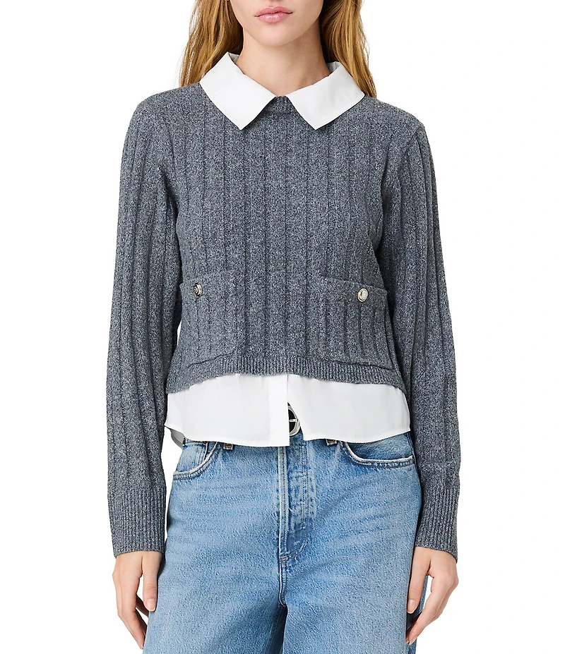 French Connection Aleyna Knit Combo Collared Long Sleeve Pullover Knit Top
