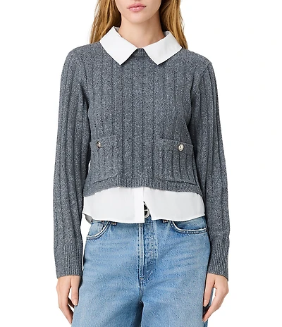 French Connection Aleyna Knit Combo Collared Long Sleeve Pullover Knit Top