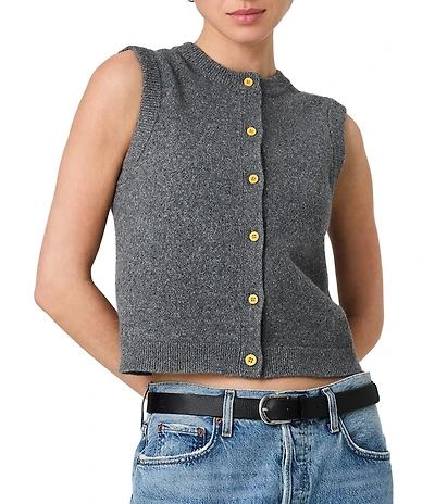 French Connection Aleyna Knit Round Neck Sleeveless Contrast Button Front Top